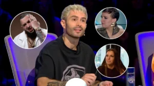 TV talk-show host with three guest portraits overlaid: tattooed man on the left, edgy woman top-right, and brunette woman bottom-right.