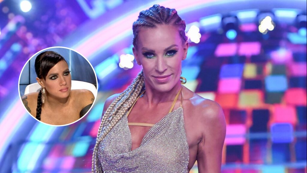 Main image: a female contestant with silver glitter top and cornrow braids on a vibrant neon TV stage; circular inset shows a serious-looking woman.